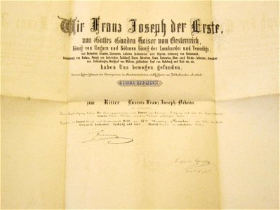 Ernennungsurkunde Georg Rebhann Ritter Franz Joseph-Orden 1864