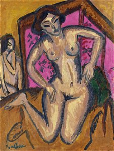 Ernst Ludwig Kirchner - Desnudo de rodillas ante un biombo rojo reverso Desnudo sentado con pierna doblada