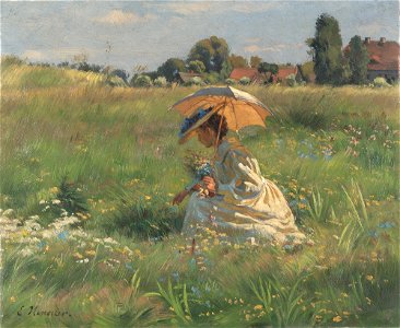 Ernst Henseler Blumenpflückende Frau mit Sonnenschirm