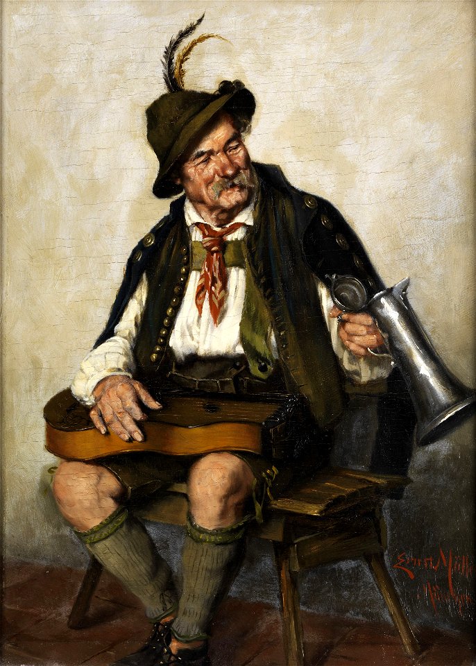 Ernst Müller Zitherspieler mit Bierkanne