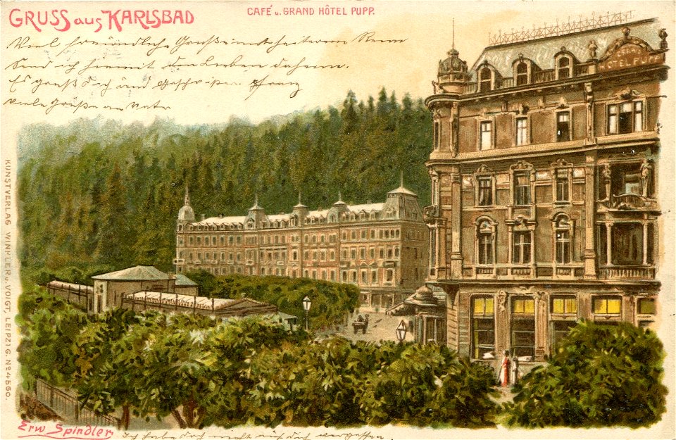 Erwin Spindler Ansichtskarte Karlsbad-Cafe+Hotel Pupp