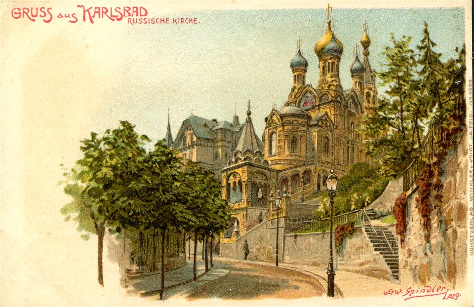 Erwin Spindler Ansichtskarte Karlsbad-Kirche