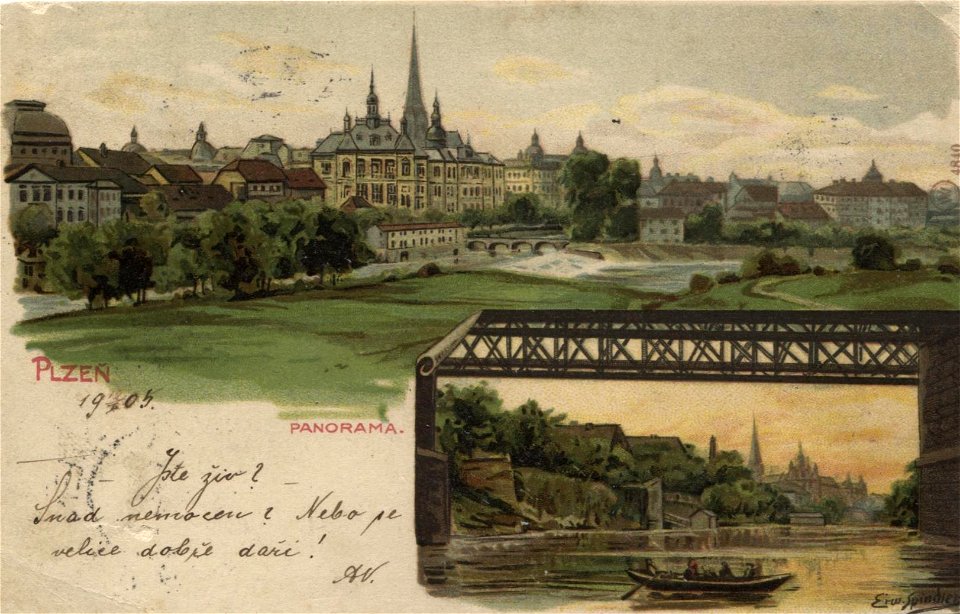 Erwin Spindler Ansichtskarte Pilsen-Panorama
