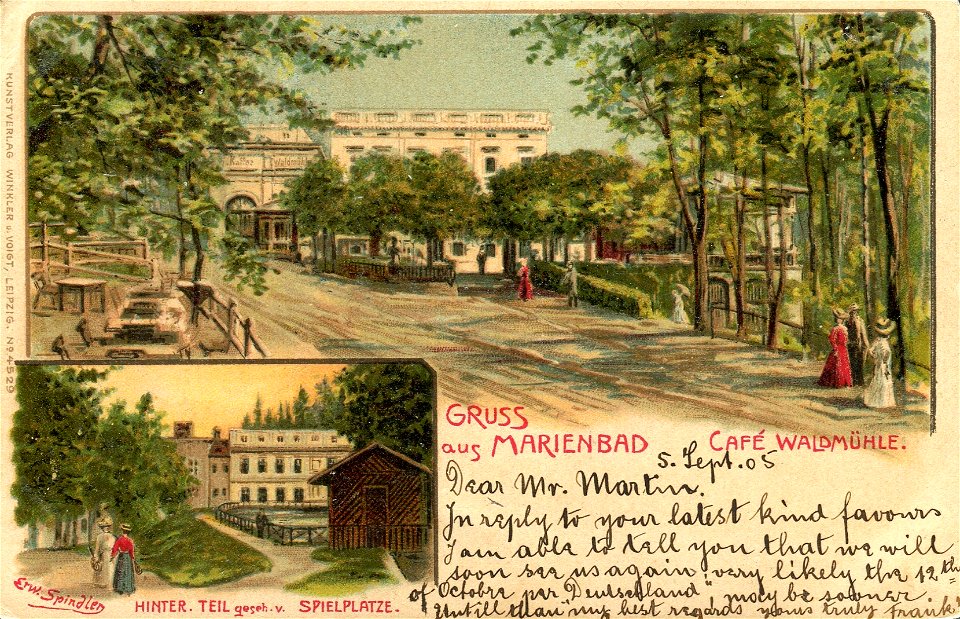 Erwin Spindler Ansichtskarte Marienbad-Cafe Waldmühle