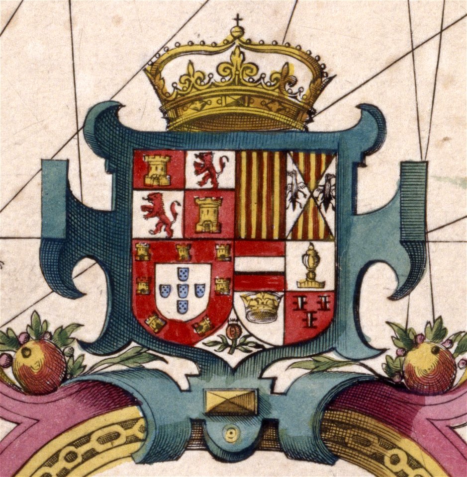 Escudo real hispánico na Nova Hispaniae Descriptio de Jodocus Hondius (c. 1610)