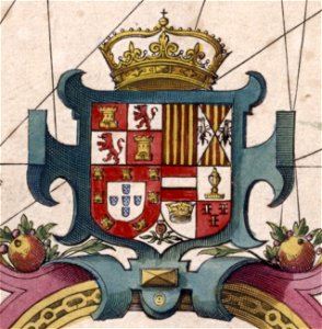 Escudo real hispánico na Nova Hispaniae Descriptio de Jodocus Hondius (c. 1610)