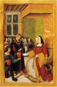 Espistre en vers françois - NLR fr.F.v.XIV.8 f40v (Anne de Bretagne donnant une lettre à un messager)