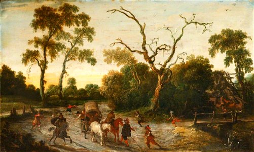 Esaias van de Velde I (1587-1630) - A Wooded Landscape with Armed Men Attacking a Wagon Party - 129817 - National Trust