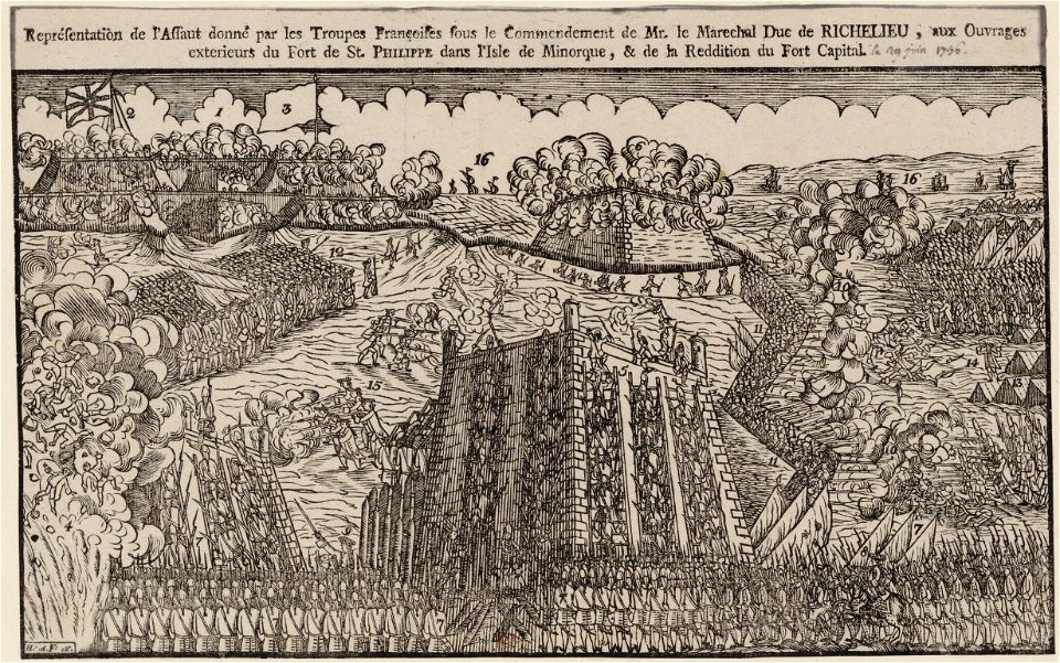 Estampe du siege de Fort Saint Philippe en 1756