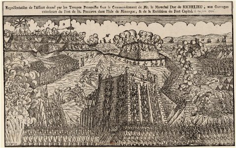 Estampe du siege de Fort Saint Philippe en 1756