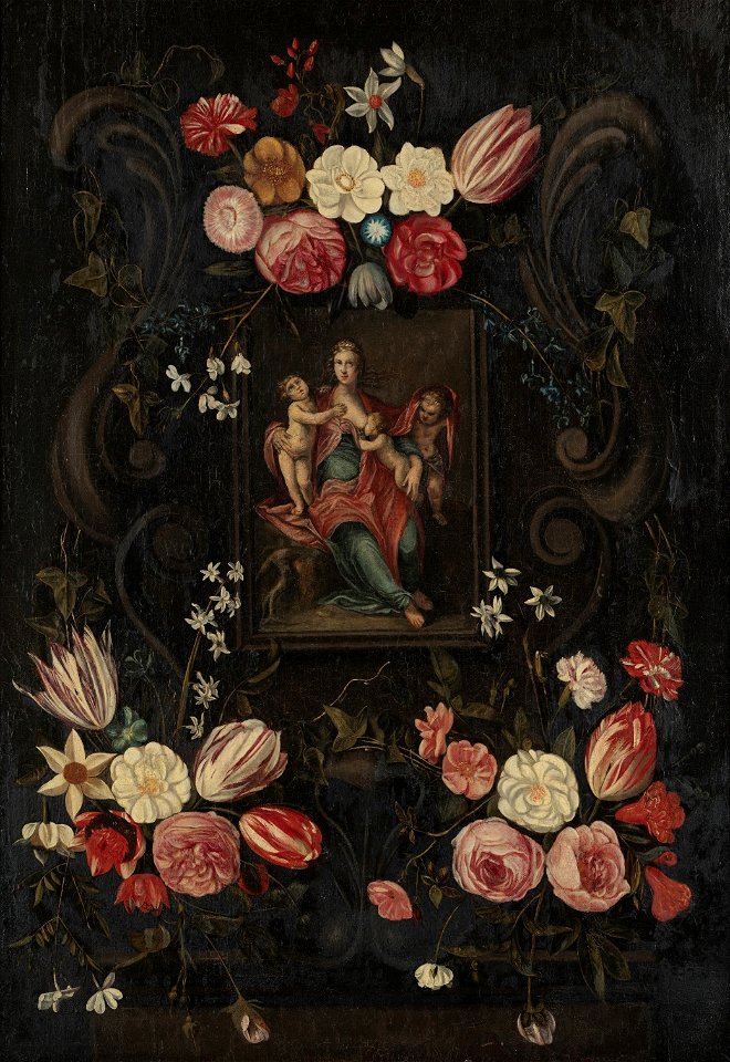 Escola holandesa - Guirlanda de Flores com cartucho