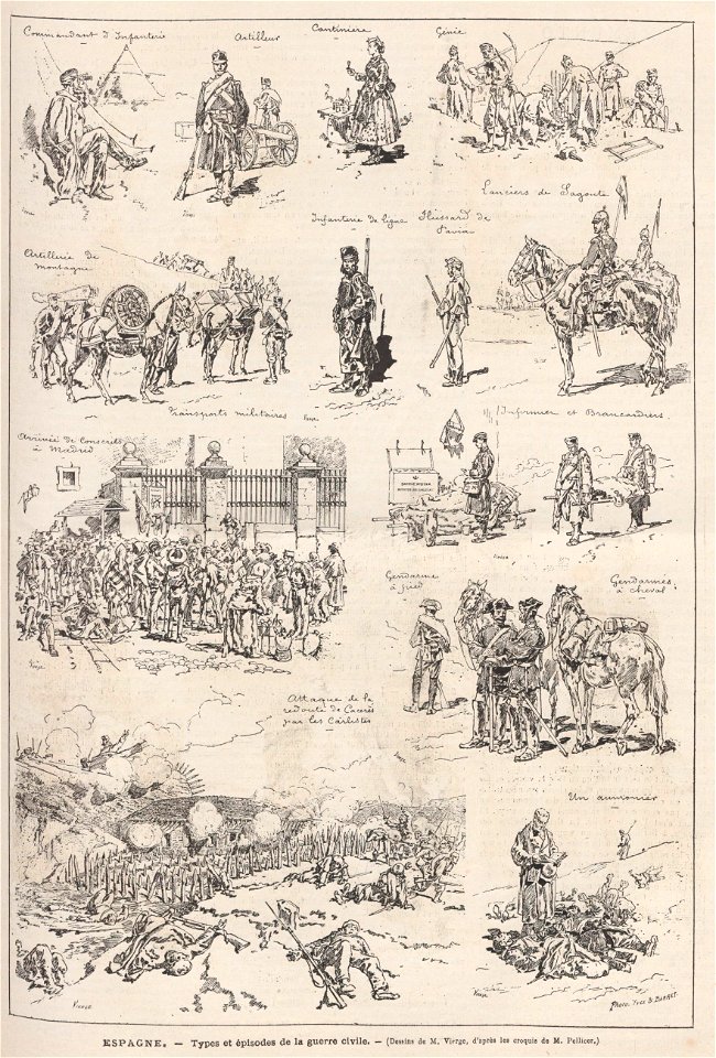 Espagne, types et épisodes de la guerre civile, dessins de M Vierge, d'après les croquis de M Pellicer
