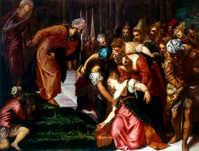 Esther before Ahasuerus (1547-48); Tintoretto, Jacopo. Free illustration for personal and commercial use.