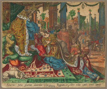 Esther Crowned by Ahasuerus 1564 print by Maarten van Heemskerck, S.II 88472, Prints Department, Royal Library of Belgium