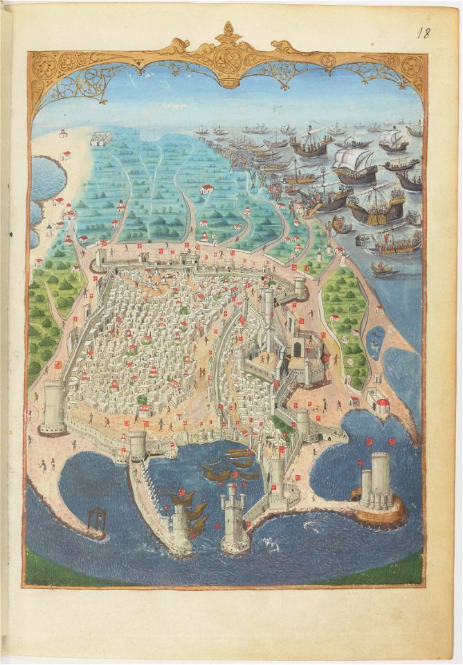 Gestorum Rhodie obsidionis commentarii - BNF Lat6067 f18 (vue du débarquement des Turcs à Rhodes)