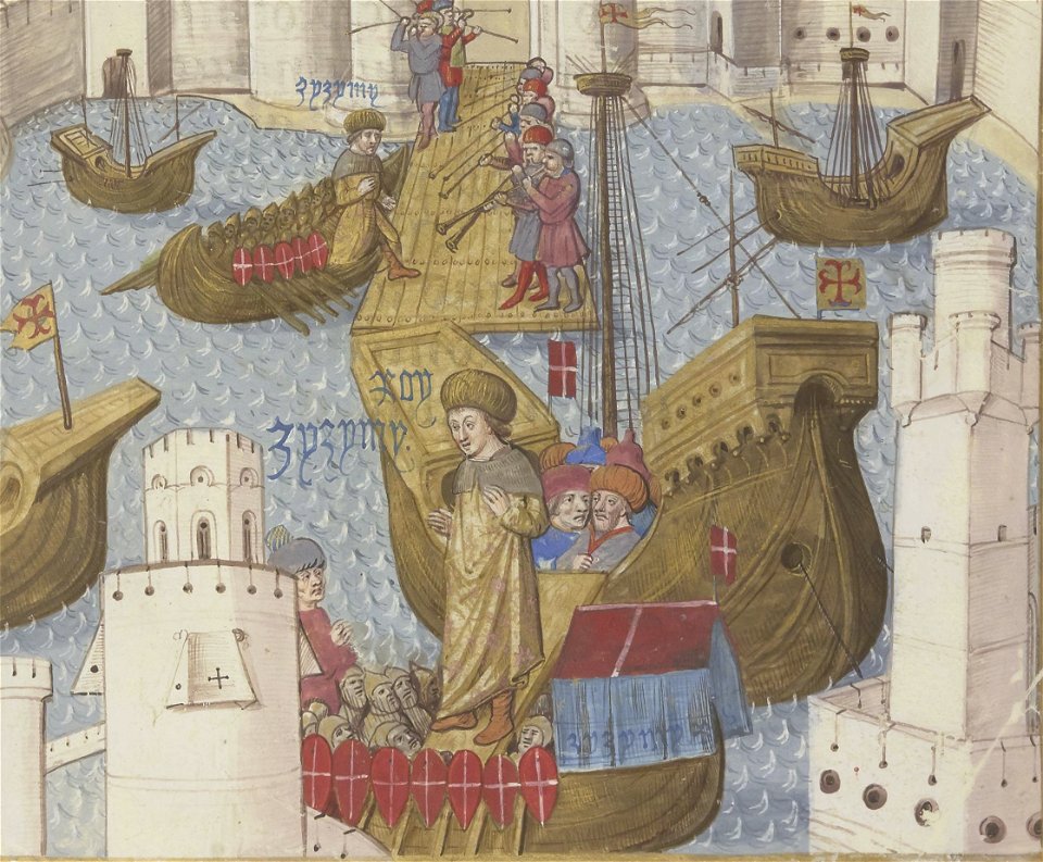 Gestorum Rhodie obsidionis commentarii - BNF Lat6067 f175 (arrivée du prince Djem à Rhodes) (cropped)