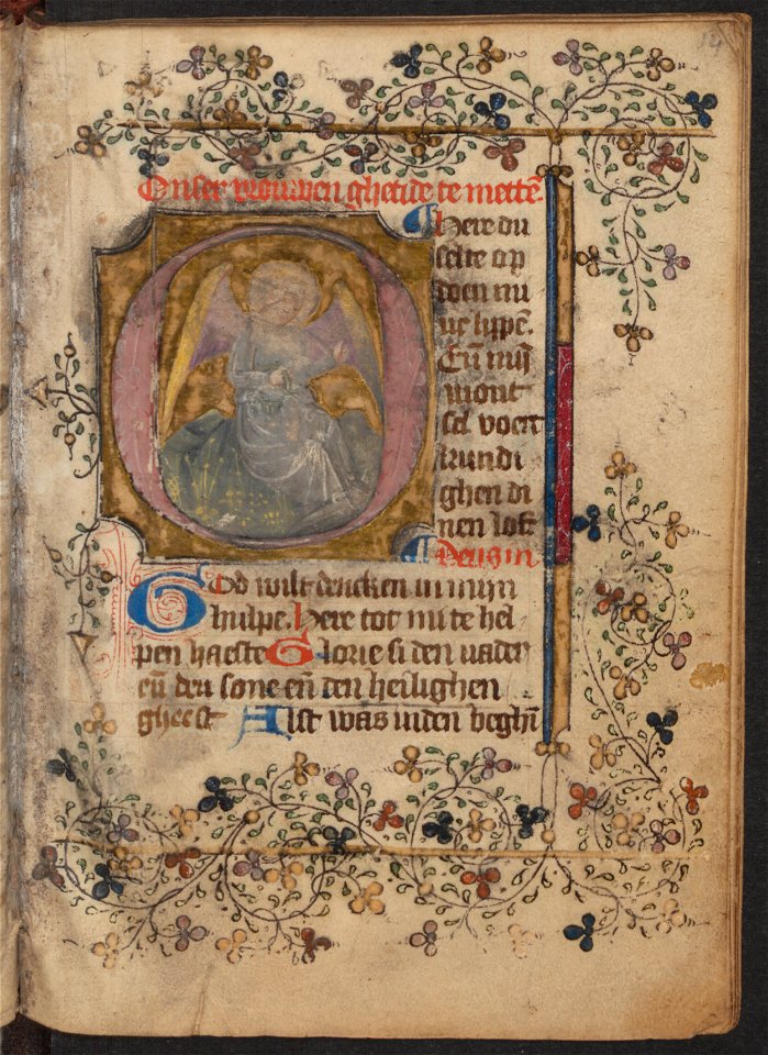 Getijdenboek-UBU Hs. 16 B 8-f.014r-Initiaal met een engel met de doornenkroon