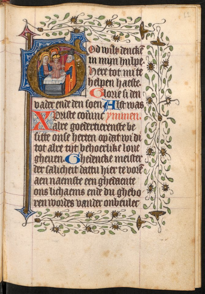 Getijdenboek-UBU Hs. 5 J 27-f.062r-Initiaal met de Presentatie van Christus in de tempel