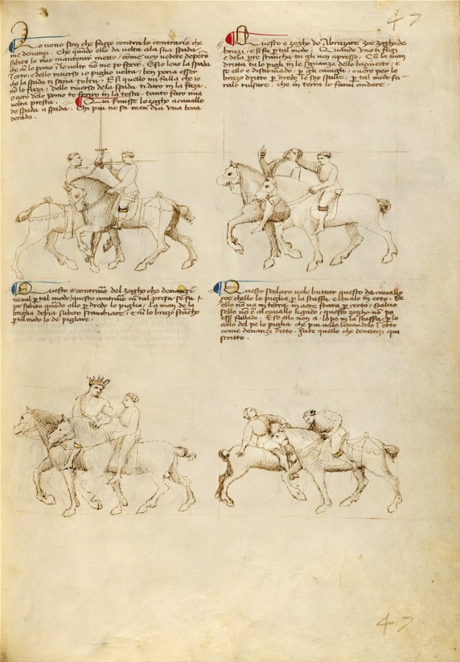 Getty Ms. Ludwig XV 13 45r - Fiore dei Liberi - Equestrian Combat with Sword and Unarmed Equestrian Combat - Google Art Project