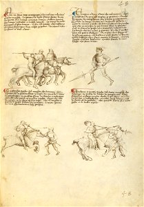 Getty Ms. Ludwig XV 13 46r - Fiore dei Liberi - Combat against an Equestrian Opponent with Lance - Google Art Project