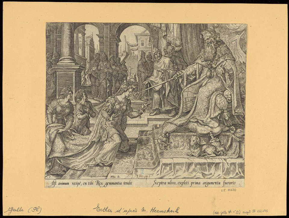 Esther Before Ahasuerus, Inviting Him for a Banquet 1564 print by Maarten van Heemskerck, S.I 55693, Prints Department, Royal Library of Belgium