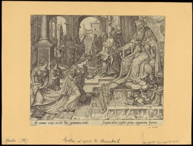 Esther Before Ahasuerus, Inviting Him for a Banquet 1564 print by Maarten van Heemskerck, S.I 55693, Prints Department, Royal Library of Belgium