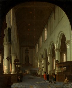 Gezicht in de Oude Kerk te Delft vanuit het koor richting portaal Rijksmuseum SK-A-4953. Free illustration for personal and commercial use.