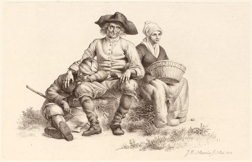 Gezelschap van rustende man, vrouw en kind op heuveltje, objectnr A 12612