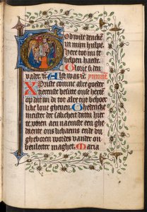 Getijdenboek-UBU Hs. 5 J 27-f.057r-Initiaal met de Aanbidding door de Drie Koningen