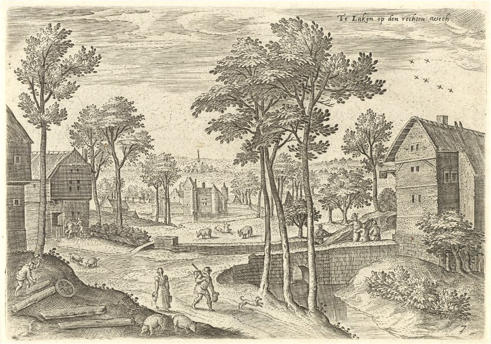 Gezicht op de hoofdstraat van Laken, Hans Collaert (I), naar Hans Bol, Jacob Grimmer, 1530 - 1580