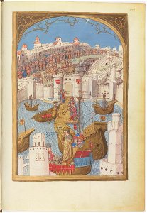 Gestorum Rhodie obsidionis commentarii - BNF Lat6067 f175 (arrivée du prince Djem à Rhodes)