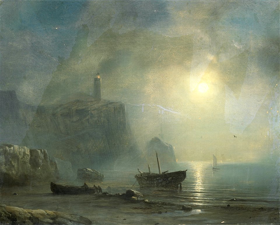 Gezicht op een rotsachtige kust bij maanlicht Rijksmuseum SK-A-2832