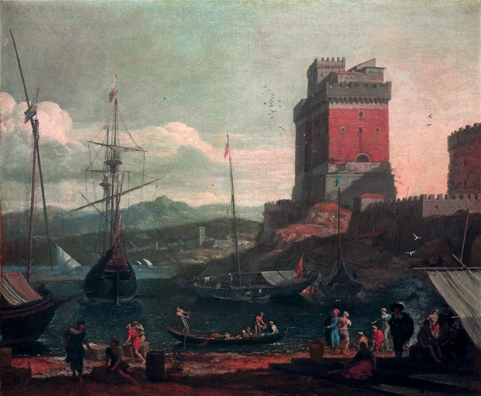 Gezicht op een Mediterrane haven, door Adriaen van der Kabel