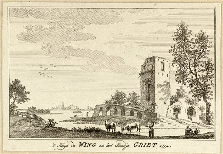 Gezicht op het Huis De Wing. Op de achtergrond de stad Grieth, 1732. NL-HlmNHA 1477 53009624