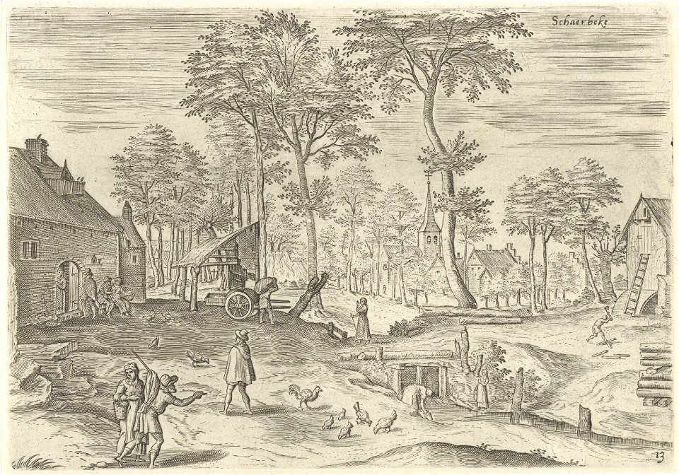 Gezicht op Schaarbeek, Hans Collaert (I), naar Hans Bol, Jacob Grimmer, 1530 - 1580