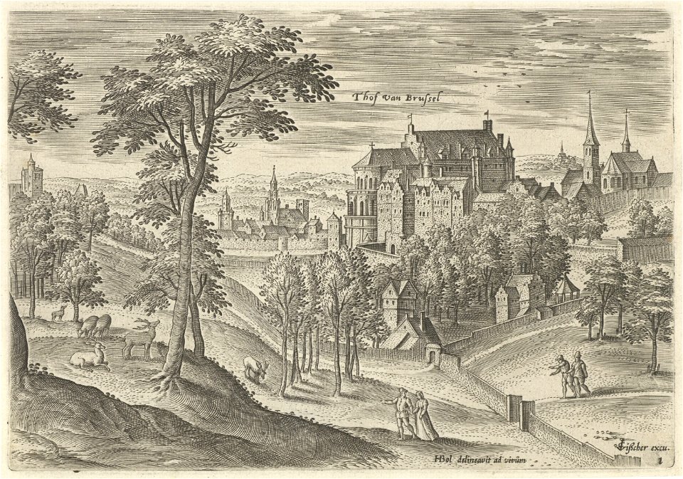 Gezicht op het slot Hof van Brussel, Hans Collaert (I), naar Hans Bol, Jacob Grimmer, 1530 - 1580