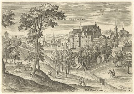 Gezicht op het slot Hof van Brussel, Hans Collaert (I), naar Hans Bol, Jacob Grimmer, 1530 - 1580