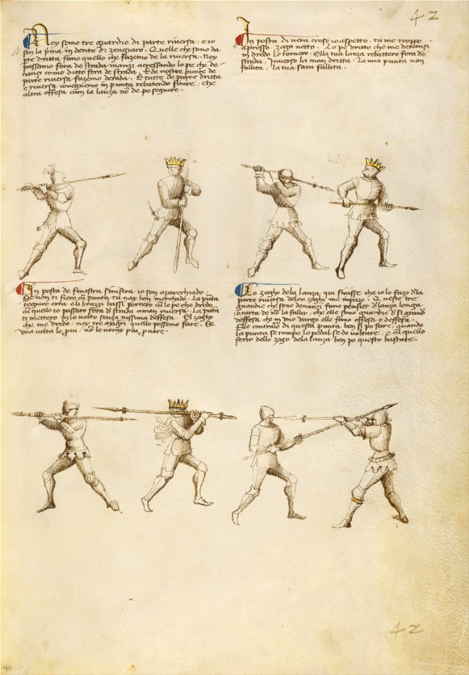 Getty Ms. Ludwig XV 13 40r- Fiore dei Liberi - Combat with Lance - Google Art Project (6915123)
