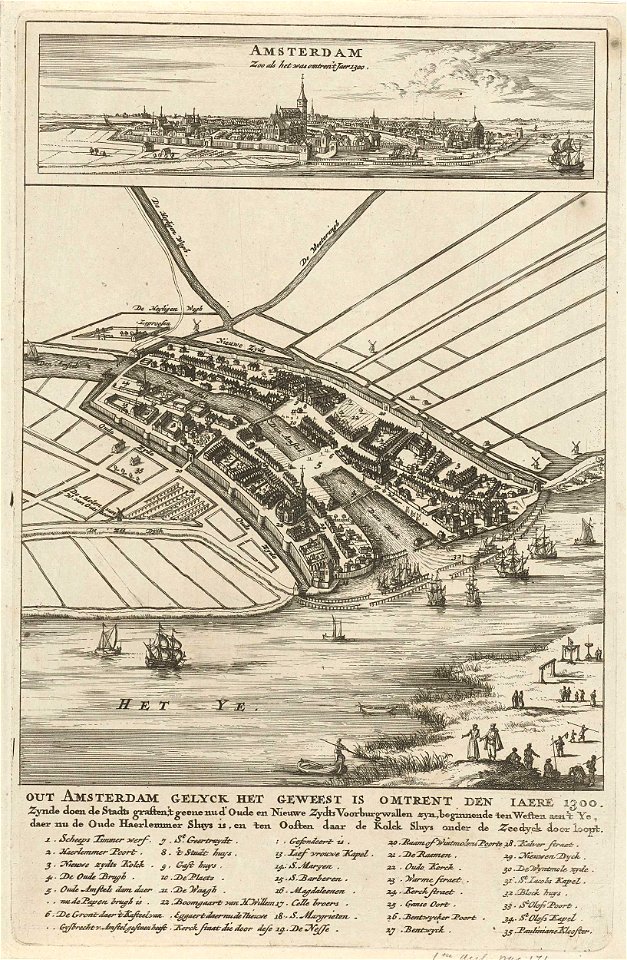 Gezichten op Amsterdam omstreeks 1300 in vogelvluchtperspectief