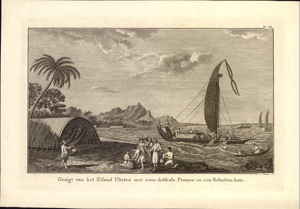 Gezigt van het Eiland Ulietea met eene dubbele Praauw en een Schuiten-huis, objectnr A 56925