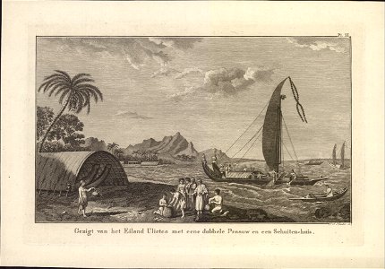 Gezigt van het Eiland Ulietea met eene dubbele Praauw en een Schuiten-huis, objectnr A 56925