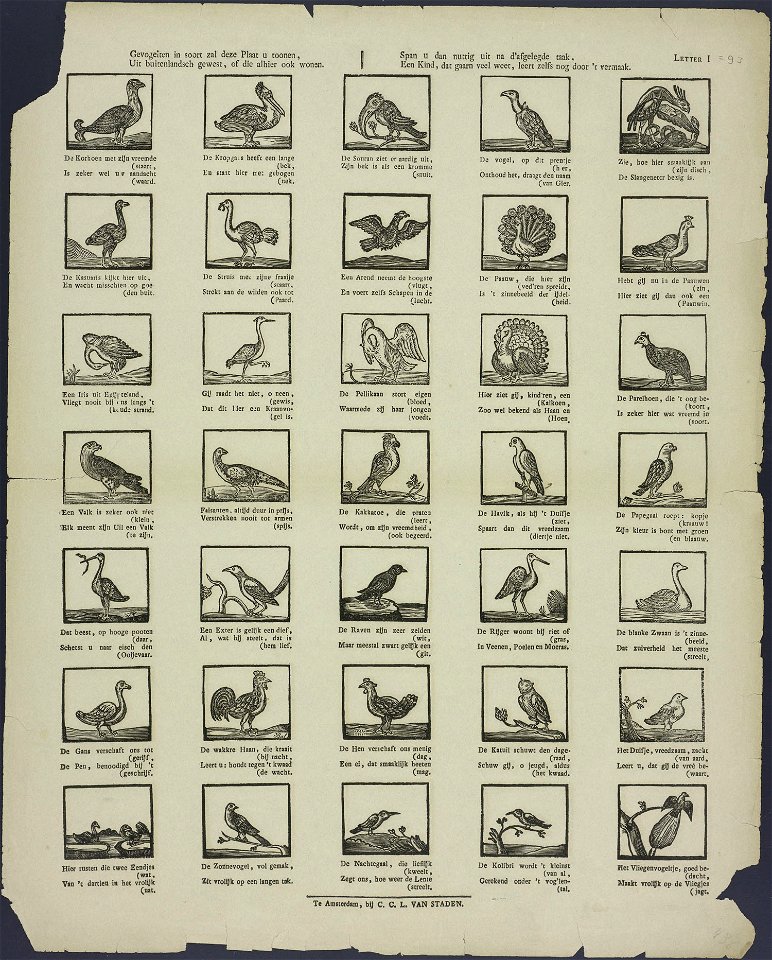 Gevogelten in soort zal deze plaat u toonen, Uit buitenlandsch gewest, of die alhier ook wonen-Catchpenny print-Borms 0961