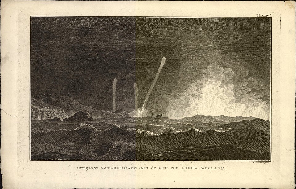 Gezigt van waterhoozen aan de Kust van Nieuw-Zeeland, objectnr A 56894