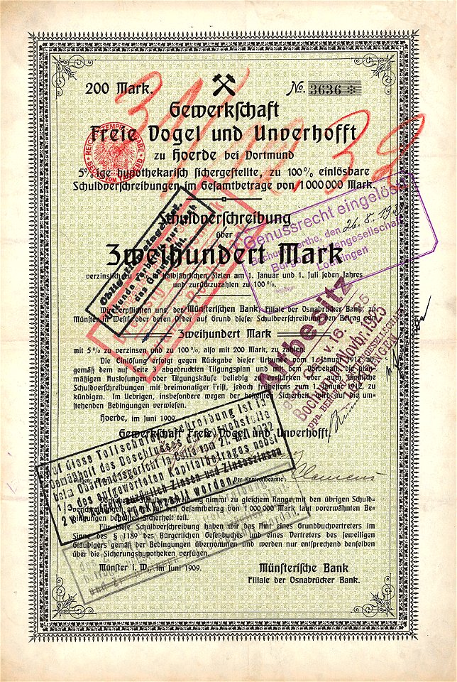 Gewerkschaft Freie Vogel 200 Mk 1909