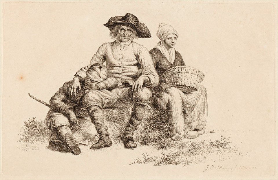 Gezelschap van rustende man, vrouw en kind op heuveltje, objectnr A 12662