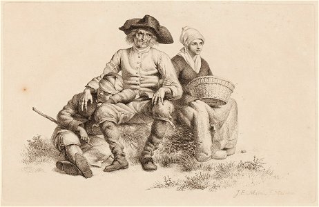 Gezelschap van rustende man, vrouw en kind op heuveltje, objectnr A 12662