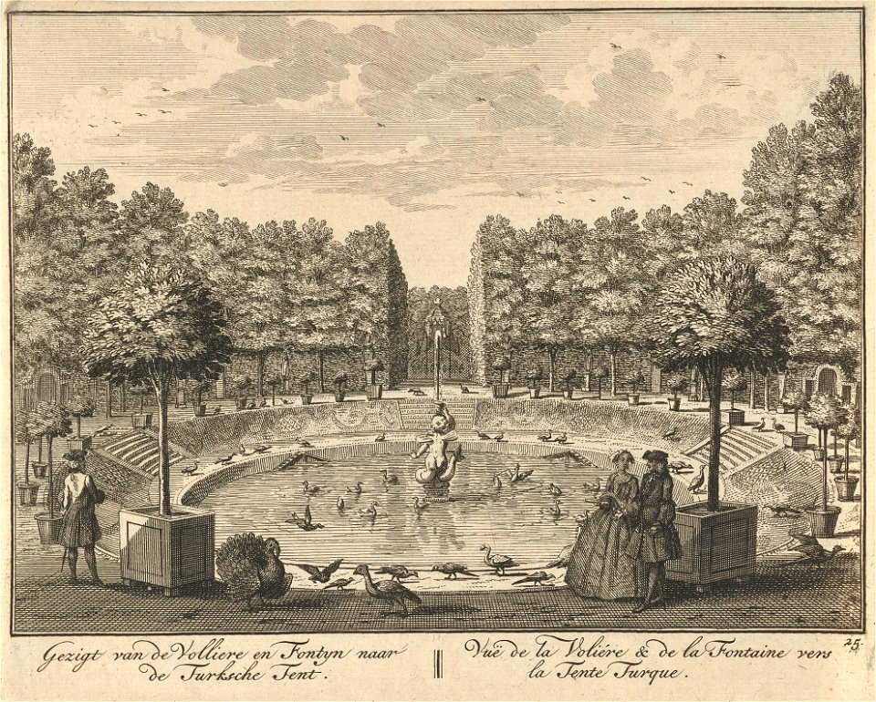 Gezicht op de grote fontein en de Turkse Tent in de tuin van Huis ter Meer te Maarssen