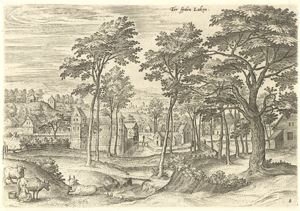 Gezicht op een slot in Laken, Hans Collaert (I), naar Hans Bol, Jacob Grimmer, 1530 - 1580
