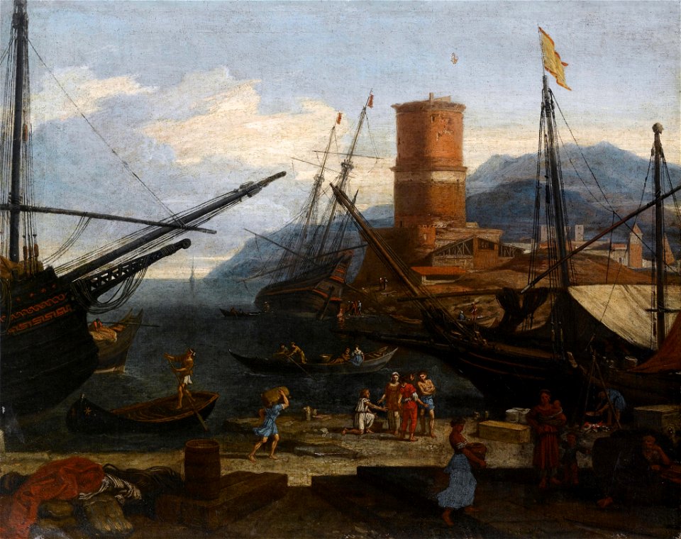 Gezicht op een zuidelijke haven, door Adriaen van der Kabel