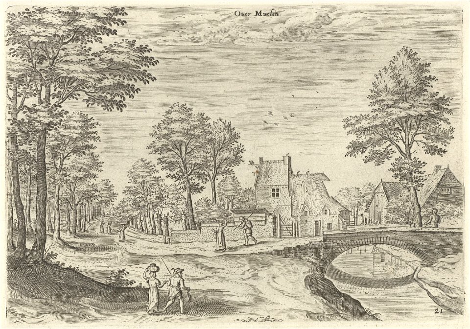 Gezicht op de weg naar de Brusselse stadspoort Overmolen, Hans Collaert (I), naar Hans Bol, Jacob Grimmer, 1530 - 1580